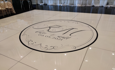 Printed Center Monogram on White Floor at the Avalon Country Club  in Warren OH for our friends at Joe Mineo Creative